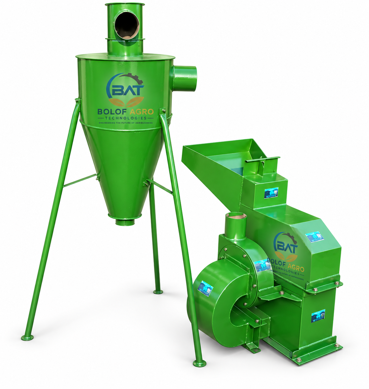 Green crop-processing machinery fabricated by Bolof Agro Technologies, comprising a processing unit, blower and cyclone-separation system.