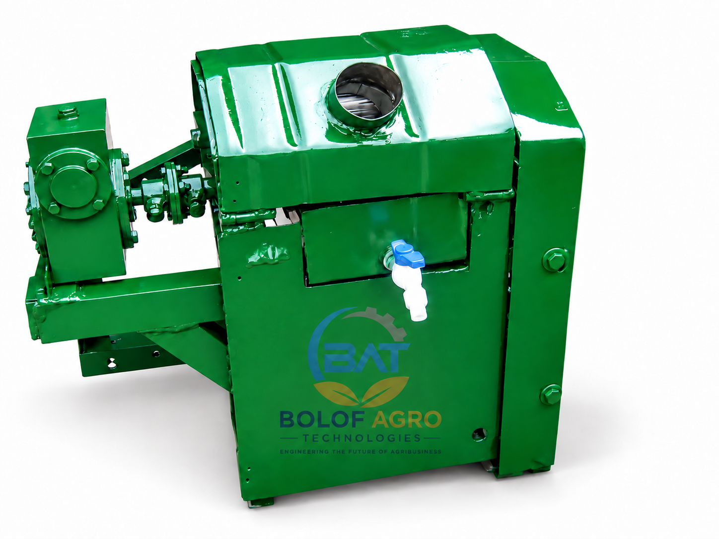 Green sugarcane juice extraction machine fabricated by Bolof Agro Technologies, showing its feed opening, drive unit, protective housing and juice outlet.